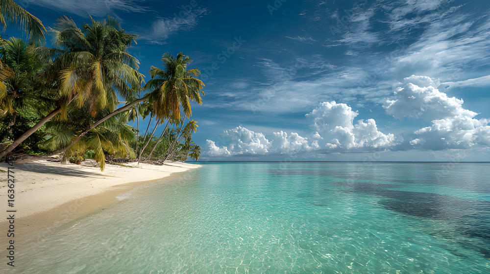 Naklejka premium Paradise tropical beach scene. Tropical beach with clear turquoise water, a sandy shore, and palm trees. Tropical beach with palm trees. Maldives, Caribbean Island beach shore