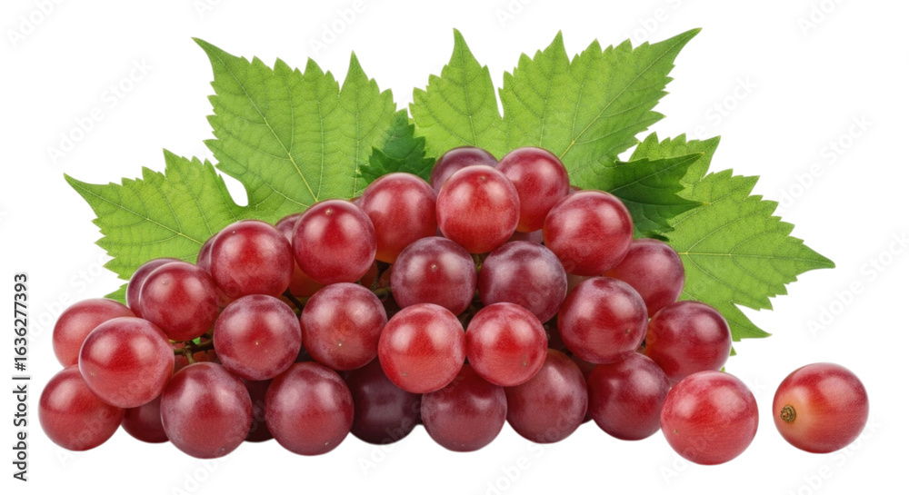 Obraz premium Fresh red grapes with green leaves arranged artistically on a transparent background, cutout PNG