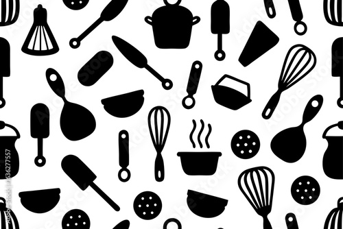 Vector art of silhouette of seamless background with kitchen utensils