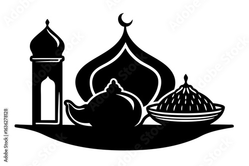 Vector illustration of a mosque in black and white and ramadan iftari food item 