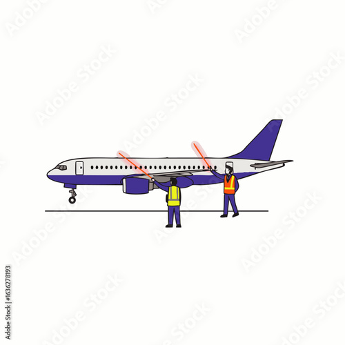 An illustration depicts ground crew performing essential maintenance or a thorough inspection on a commercial airplane parked on the tarmac, highlighting crucial aviation operations.