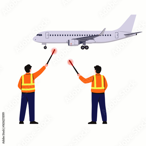 Two airport ground crew members in safety vests guide a passenger airplane on the tarmac using illuminated wands, ensuring safe and efficient aviation operations.