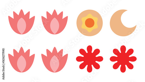 Four pink lotus flowers, a sun, a moon, and two red aster flowers arranged on a white background