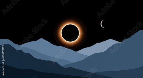 Annular Solar Eclipse Over Silhouetted Mountains at Night
