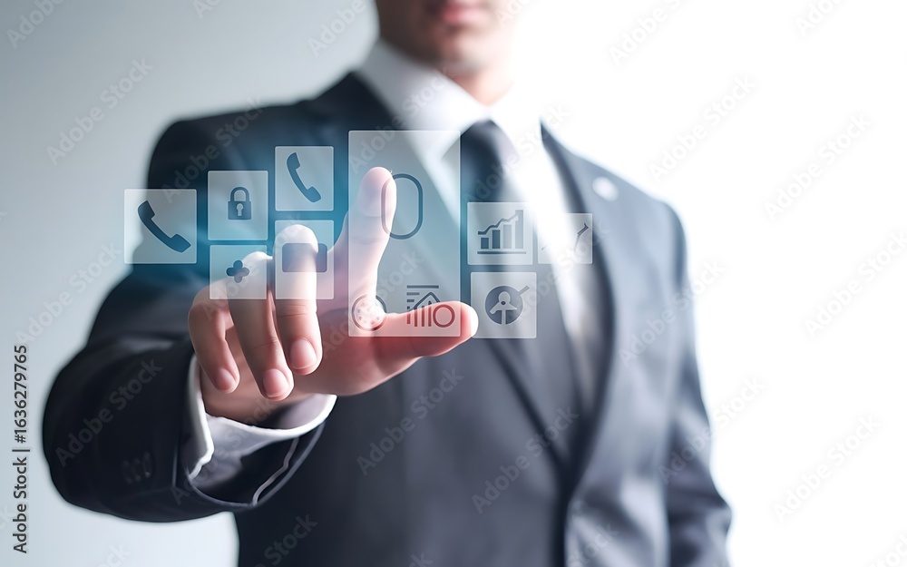 Obraz premium Businessman-interacting-with-digital-touchscreen-technology-modern-office-environment 