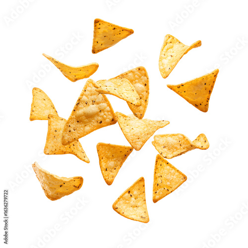 Dynamic Nacho Chips Flying on White Background