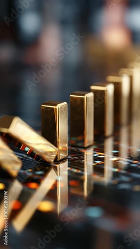 Financial domino effect, stack of golden bars tipping over into digital stock graphs. 1