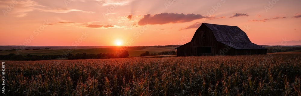 Fototapeta premium Sunset over cornfield with rustic barn silhouette. Iowa rural landscape showcases golden hour, peaceful farmland scenery. Serene tranquil countryside atmosphere. Ideal backdrop for travel exploration.