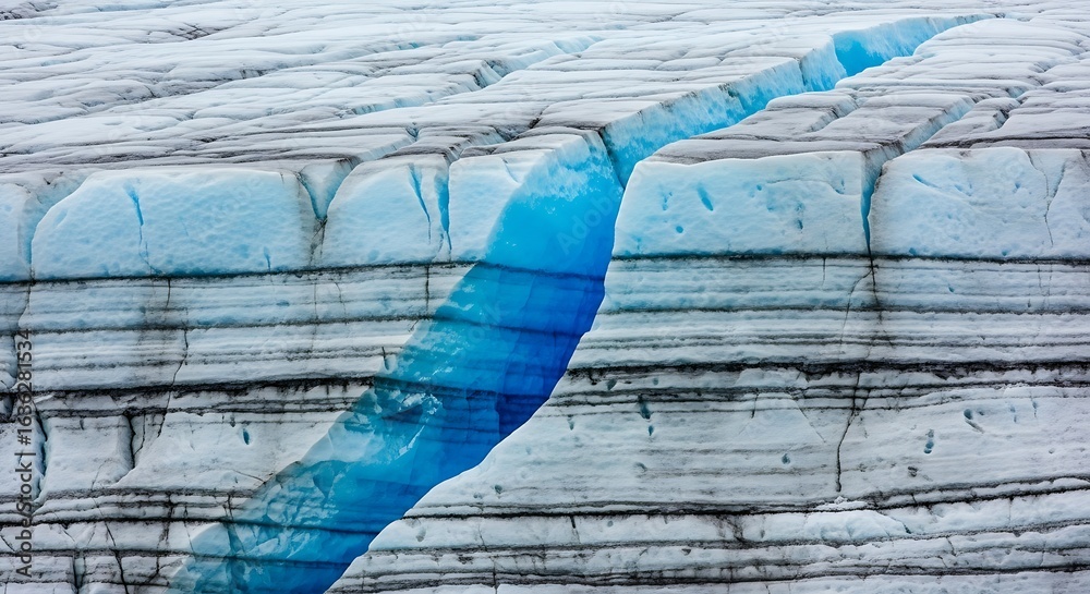 Obraz premium Deep blue crevasse cutting through the layered ice of a massive glacier.