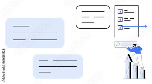 Checklist with ticked boxes, search icon, speech bubbles, and a person managing tasks, emphasizing organization, productivity, and clarity. Ideal for planning, task prioritization goal setting