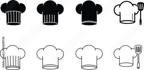 Chef Hat and Spatula Icon Set, a Collection of Vector Illustrations in Solid and Outline Styles for Kitchen and Restaurant Design.