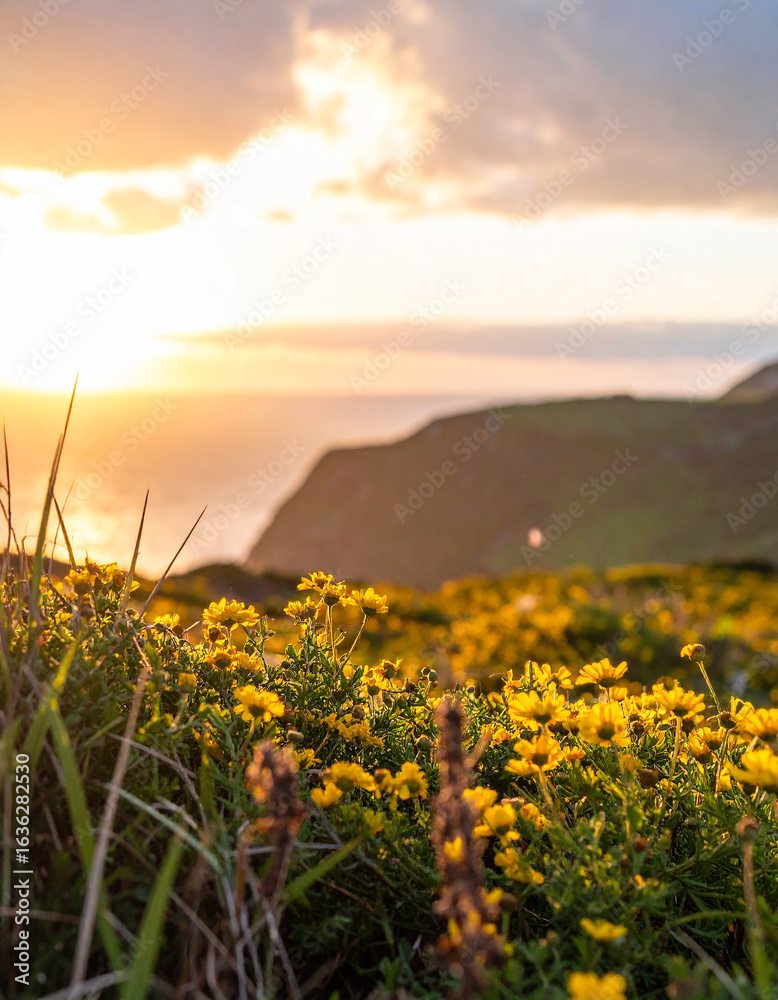 Fototapeta premium Coastal spring or summer landscape with golden wildflowers at sunset. Natural beauty and renewal.