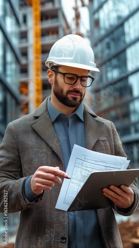 Man in hard hat holding tablet, checking blueprint on digital device at construction site. 1