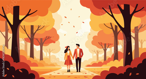 Autumnal Stroll of a Couple in a Colorful Forest