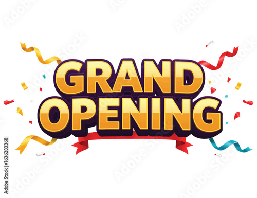 Festive Grand Opening typography on a banner with confetti and ribbons. A celebratory announcement for a new business launch or event.