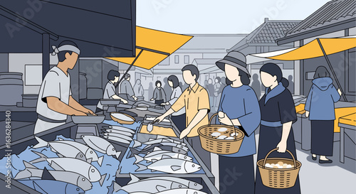 Busy Asian Fish Market Scene with Customers and Vendors