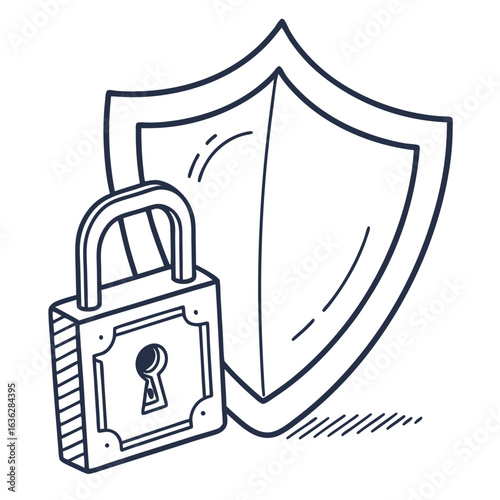 Doodle style illustration of a shield and a lock for security