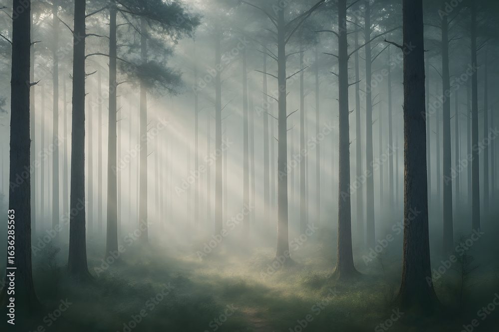 Fototapeta premium Mystical Forest: An ethereal forest scene where sunlight pierces through a misty atmosphere, illuminating the towering trees and the woodland floor.