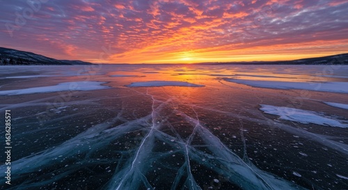 Frozen lake sunset, winter landscape, Siberia, colorful sky, travel photography