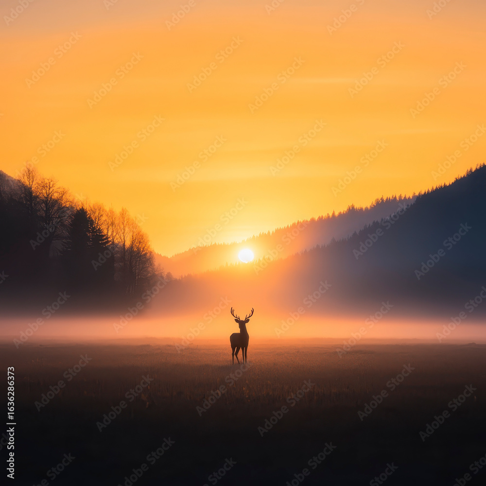 Obraz premium Majestic deer stands in open field during misty early morning, silhouetted against vibrant sunrise. tranquil atmosphere evokes sense of peace and wonder