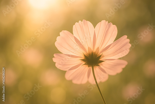 Backlit Petal Symphony: A captivating view from the bottom of a delicate flower, its petals glowing against a dreamy bokeh of soft, sun-drenched hues, offering an artistic display.