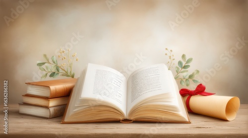 Open book with decorative scroll and stacked books on wooden surface with sprigs of greenery and delicate flowers, vintage literary scene with neutral background