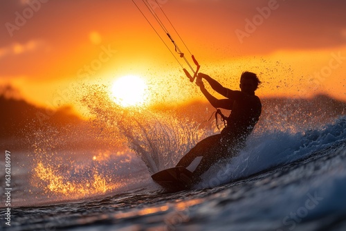 Kitesurfer carving wave with sun low on horizon, Bright orange spray glowing behind silhouette, Sunset action on water