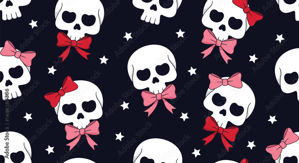 Fototapeta premium Vector art of seamless pattern of cute skulls with bows and stars on a dark background, gothic and spooky design for halloween or day of the dead