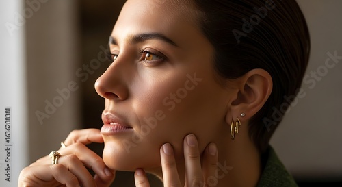 Elegant woman with golden earrings gazing thoughtfully