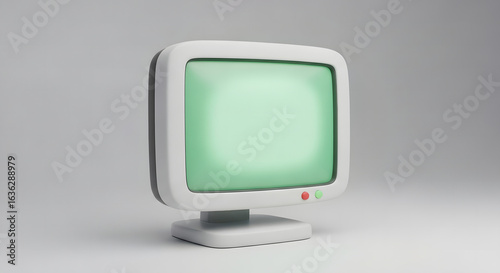 A cartoon style, retro monitor with a green screen, standing on a white surface.
