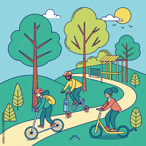 A cheerful vector illustration of three friends riding scooters and bikes in a park on a sunny day. This art represents outdoor activities and friendship.
