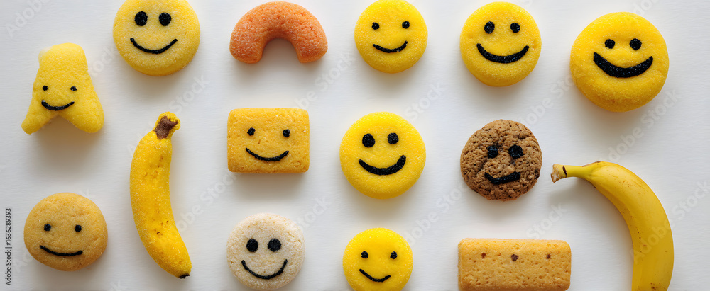 Obraz premium The cheerful collection of smiley face snacks on a white background.