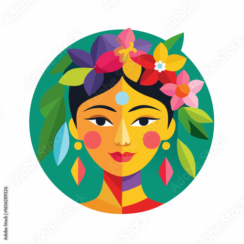 Vibrant flat vector illustration of a beautiful woman with a floral headdress, celebrating cultural diversity and natural beauty