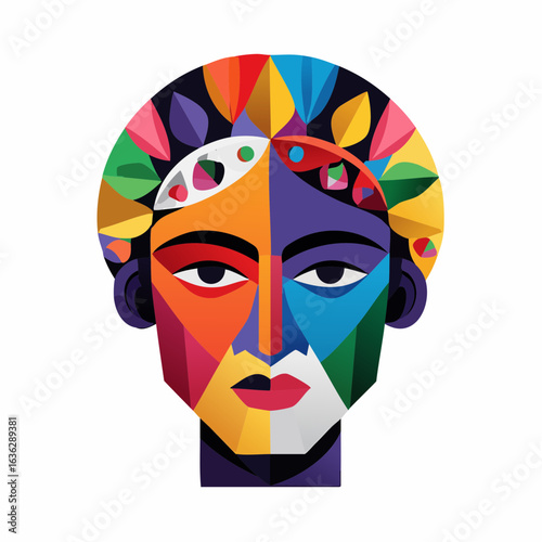 Colorful abstract geometric face in a modern cubist style. Vibrant vector illustration of a stylized cultural portrait or mask.