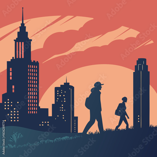 Urban sunset with vectorized silhouettes and intense gradient sky.