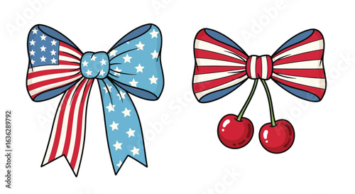 Vector art of two patriotic bows, one with the american flag design and stars, the other with stripes and cherries, symbolizing national pride and celebration