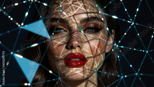 Pyramid-patterned glass covering woman's face, distorted features with sparkling highlights, fashion photography