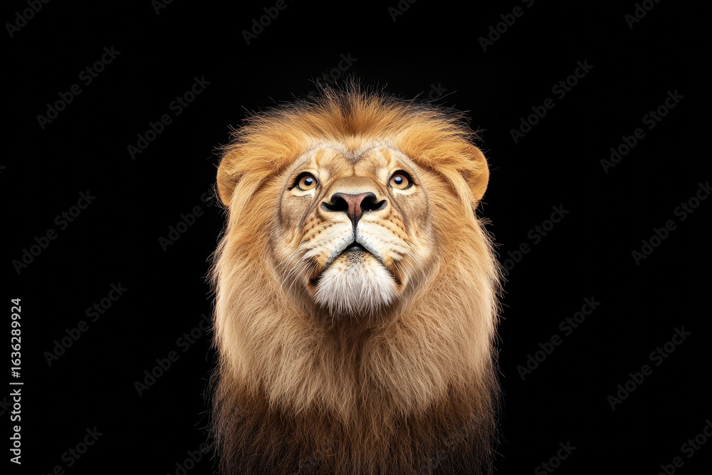 Obraz premium Majestic lion with thick mane gazes upward, exuding power and confidence. striking portrait captures essence of this magnificent creature against dark background, evoking admiration and awe