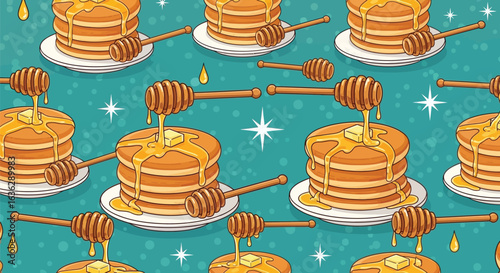 Vector art of delicious stack of pancakes with dripping honey and butter, a delightful breakfast or dessert treat for any occasion