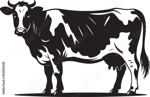 Black and white illustration of a standing cow with patches on white background cattle bovine