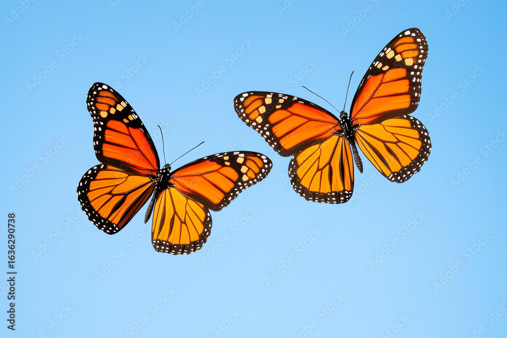 Fototapeta premium Monarch butterflies in mid flight display vibrant orange and black wings against clear blue sky, creating delicate and enchanting scene of nature beauty