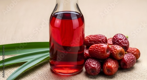 Bottle of red liquid next to dried jujube fruits and green leaves