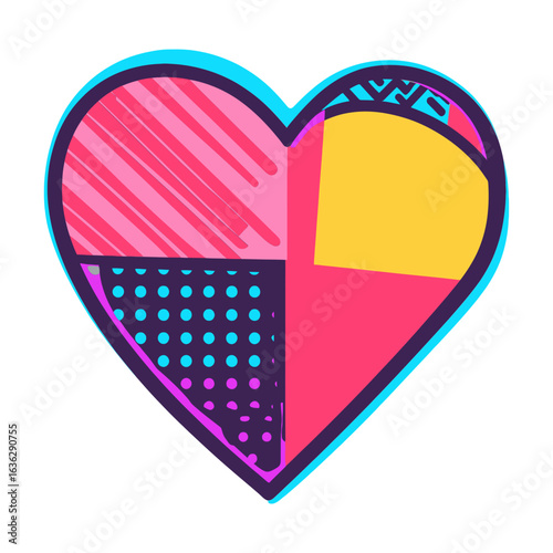 A retro pop art icon of a heart, divided into four sections with different patterns and colors. This image can be used on websites and blogs related to love, feelings, art, or design.

