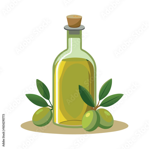 Olive Oil Bottle with Olives and Olive Branches 