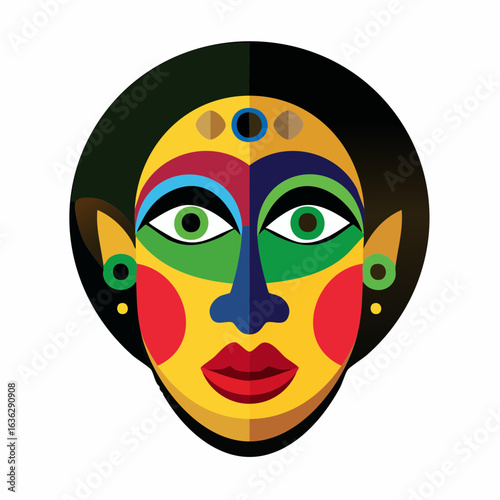 Vibrant and colorful illustration of a stylized traditional mask. Abstract cultural face art with geometric shapes and patterns.