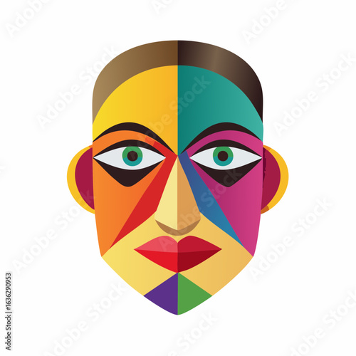 Vibrant and colorful abstract geometric portrait of a human face, modern cubist style vector illustration isolated on white.