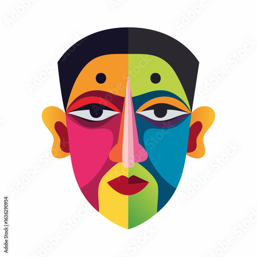 Vibrant modern art illustration of a human face with geometric shapes and bold colors.
