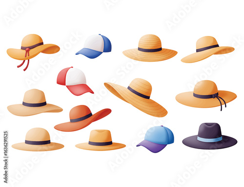 Collection of various colorful hats for men and women. Set of summer headwear including sun hats, baseball caps, and fedoras. Fashion accessory illustration.