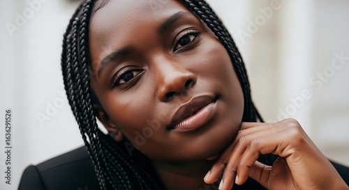 Portrait of a beautiful Black woman with braided hair, looking at the camera