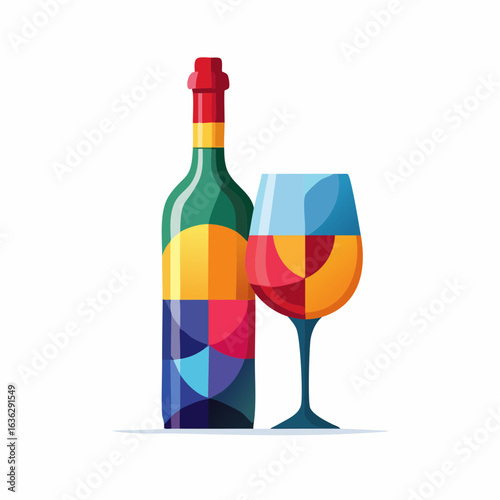 Vibrant digital illustration of a wine bottle and filled glass, featuring modern geometric and mosaic art style.
